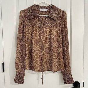 Greylin Tan and Purple Floral Prints Long Sleeve Blouse